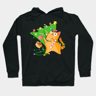 Zoomies Christmas Cat Orange Tabby Knocking Over Tree Funny Hoodie